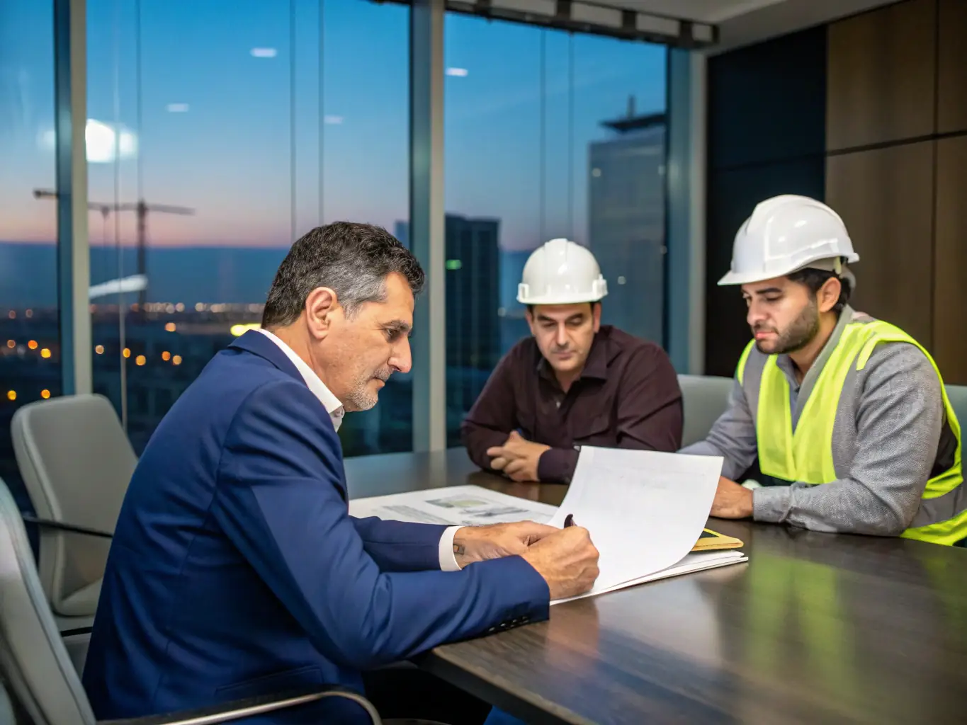 A professional real estate investor reviewing property documents in a modern office, with blueprints and financial statements spread across the table, symbolizing strategic real estate investments.
